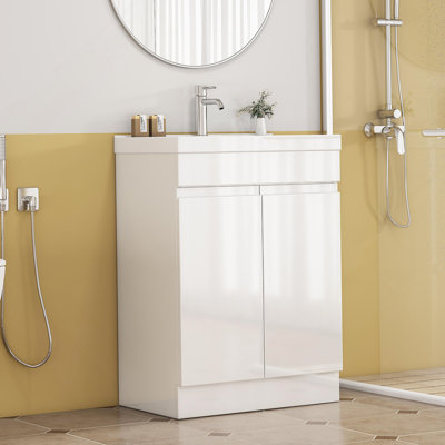 Meuble-lavabo de 24 po avec lavabo, conception sans poignée, lavabo en céramique à bords épais, charnières à fermeture en douceur, assemblage facile, finition blanc brillant