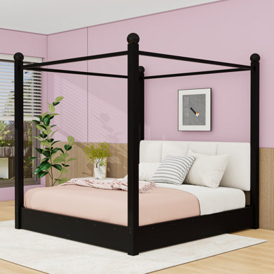Lit plateforme à baldaquin luxueux avec tête de lit tapissier en lin