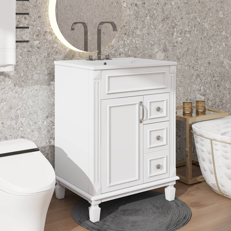 Petit meuble-lavabo 24 po avec lavabo en céramique 2 tablettes réglables, Blanc