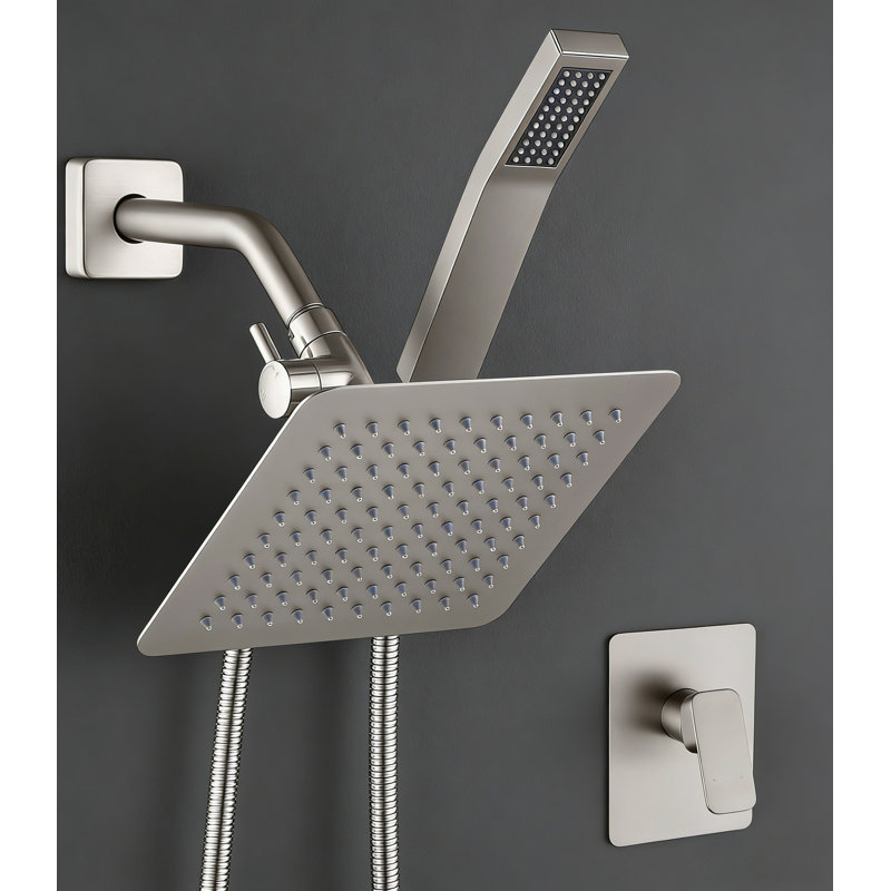 All Metal Shower Faucet Set, Square Shower Head， Handheld Shower Head，Hose, Brushed Nickel