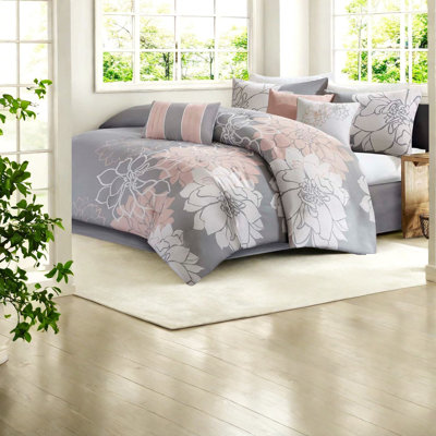 Ensembles de literie à motif floral élégant, édredon en satin de coton hypoallergénique gris / pêche pour lit simple / simple TG