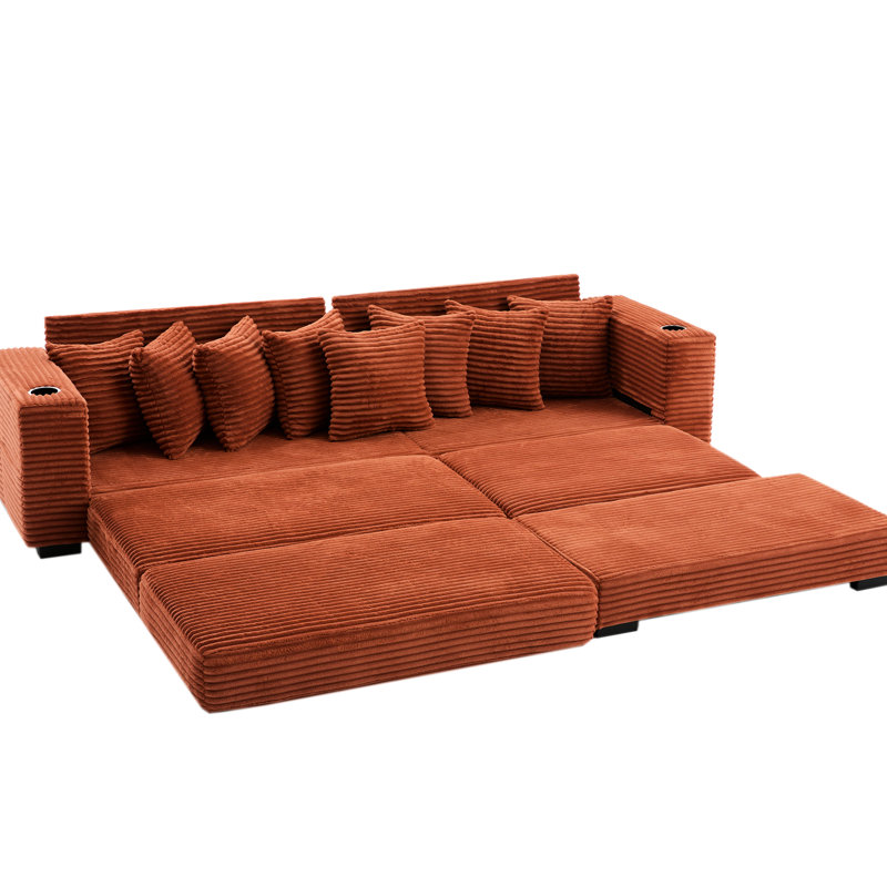 Canapé modulaire en L 109,01 po en velours côtelé orange, mains courantes améliorées avec porte-gobelets, siège confortable, repose-pieds mobile en tissu, pochette latérale