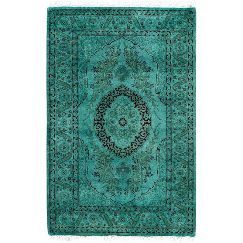 Tapis vert contemporain en laine noué à la main 2 pi 8 po x 4 pi 2 po Celis