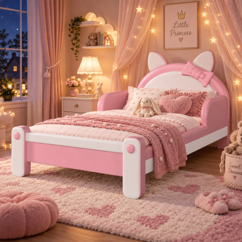 Lit plateforme rembourré en forme de chat mignon Dandre pour enfants, avec barrières de sécurité latérales, lit princesse bas avec tête de lit à nœud.
