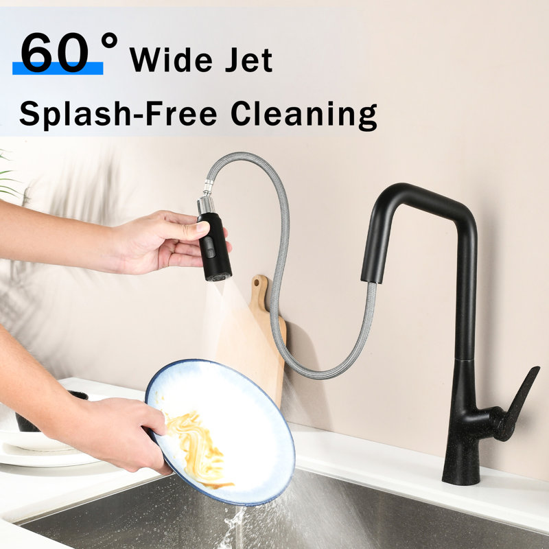 Matte Black, Kitchen Faucet, 3 Function, 360 , One Touch Switching, 23.6 In Pull-Out Hose, Water Flow Modes, Single Hole Installation, Heavy-Duty Metal Body, Ceramic Cartridge Valve, Nylon Lines,