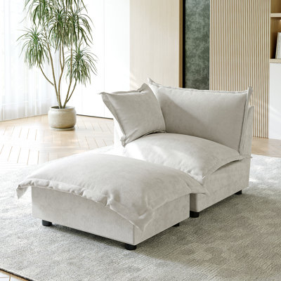 Plush Beige Upholstered Chenille Accent Chair with Oversized Cloud Cushions and Movable Ottoman