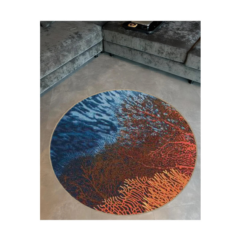 Multicolored Coral Patterned Woven Base Modern Decorative Living Room, Round 4'