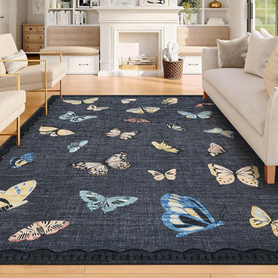 Tapis à motif de papillons 6 x 9, tapis à poils courts lavable et antidérapant pour salon de chambre à coucher, noir