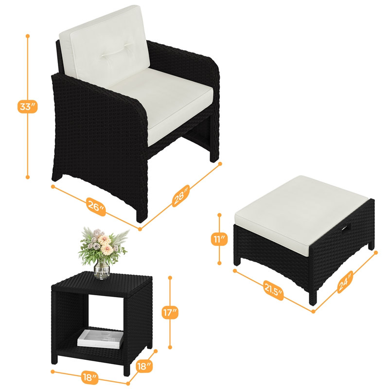 2-Person Outdoor Patio Furniture Set with Rattan Side Table & 2 Chairs & 2 Ottomans