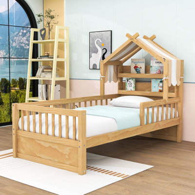Wood House Bed with Storage Headboard