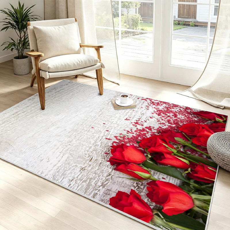 Brown Wood Roses Rose Anniversary Flower Red Love Abstract Romantic Machine Washable Indoor Area Rug, Rectangle 39" x 63"
