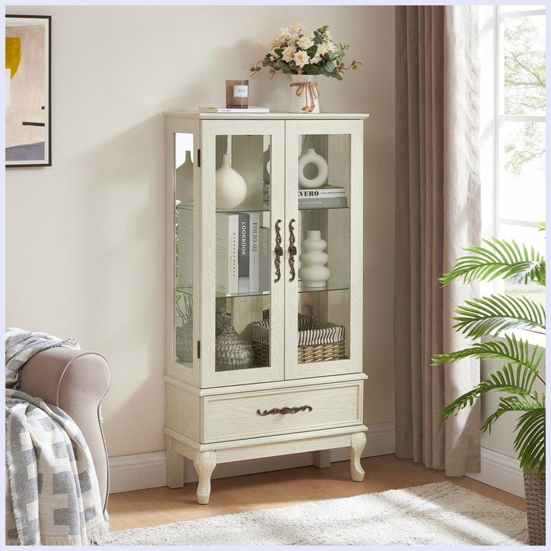 Modern Cabinet Sideboard with Adjustable Glass Shelves 2 Doors and 1 drawer, Antique White