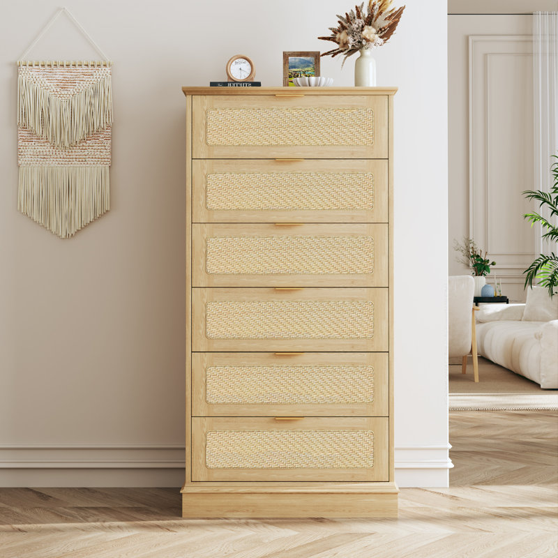 Commode verticale 6 tiroirs H 50,7 "avec faces en rotin, Naturel