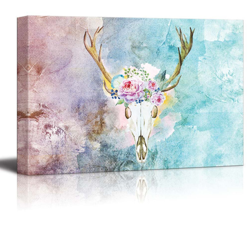 Peinture d'un crâne de cerf avec une couronne de fleurs sur une aquarelle sur toile, H 24 po x l 36 po x P 1,5 po