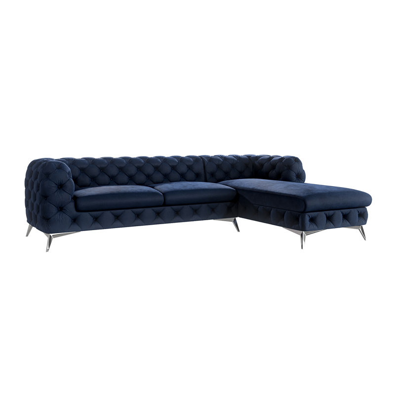 Corner Chaise Chesterfield Sofa  with Silver Metal Legs, Navy Blue, Right Hand Facing