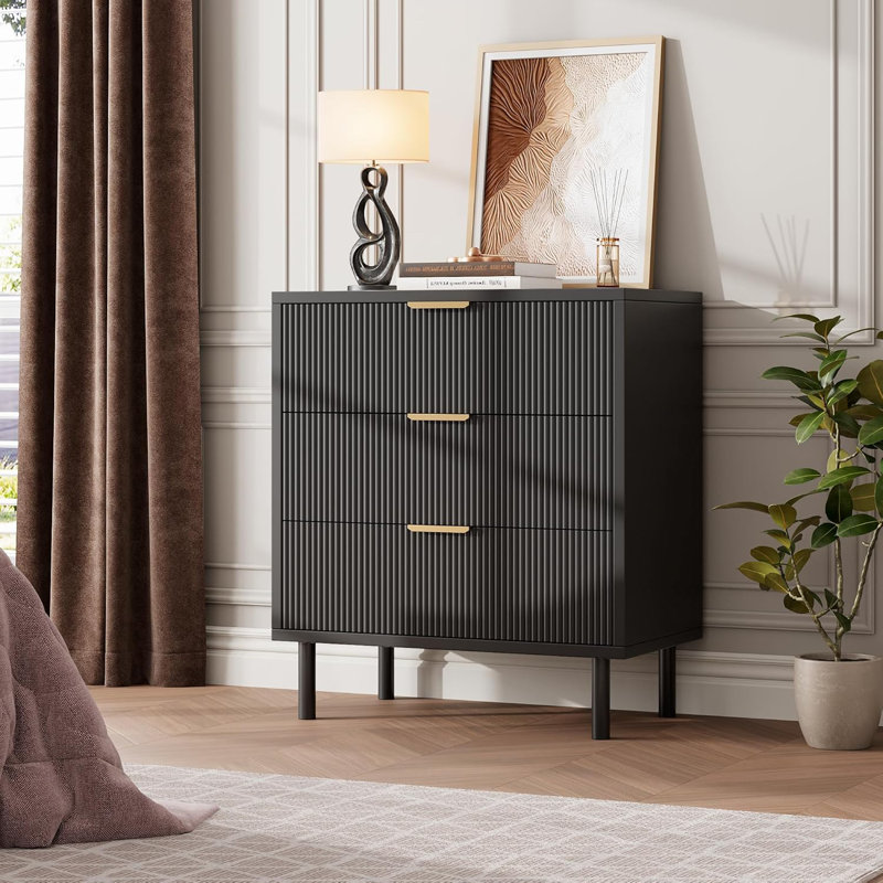 Commode 3 tiroirs, commode de 28 po de largeur avec dispositif anti-basculement, grande table de chevet en bois avec rangement et pieds en métal pour la chambre à coucher