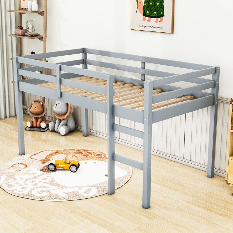 Twin Wood Low Loft Bed With Ladder, Gray