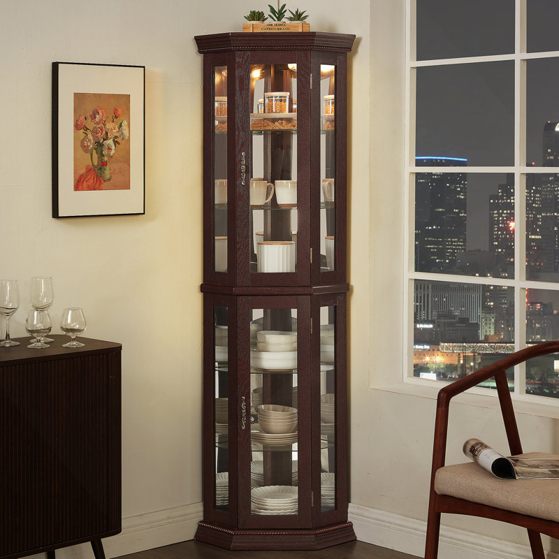 Lighted Corner Curio Cabinet With Glass Display Shelf, Adjustable Shelving, Tempered Glass Doors, And Anti - Tipping Device, Ideal For Home Decor