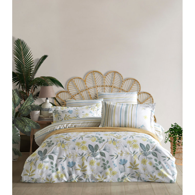 Ensemble de housse de couette Luxury, 100% coton Ranforce, 94,5 po x 86,6 po | Comprend 2 taies d'oreiller (23,6 po x 23,6 po) | Lavable à la machine, 145 fils, design élégant blanc, vert et jaune, fermeture élégante avec boutons