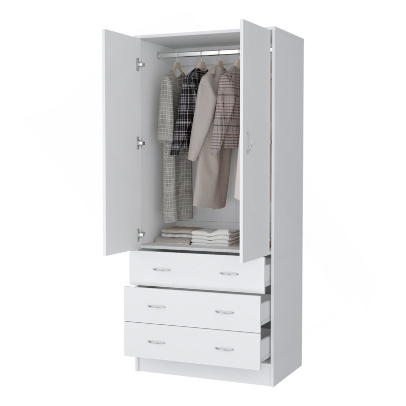 Armoire Prescott, avec 2 portes, 3 tiroirs et 1 barre à vêtements, blanc, Blanc