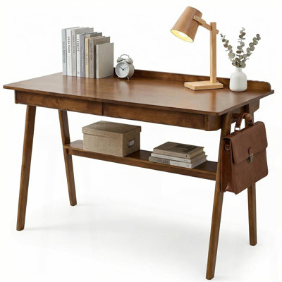 Solid Wood Writing Desk, Home Office Desk for Small Spaces, Mid Century Modern Desks with 2 Drawers & Storage Shelf, Standing Desk with Side Hooks for