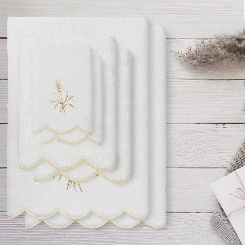  Ensemble de serviettes 100% coton festonné 100% coton WHITNEY, Blanc / beige, Ensemble 6 serviettes de bain