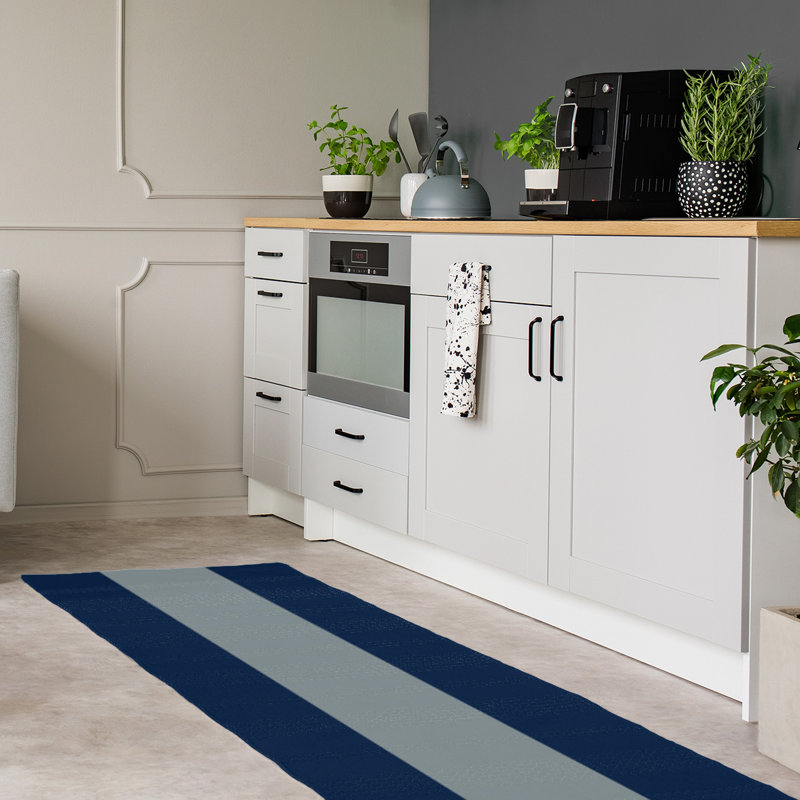 Tapis à rayures en poly-bleu, Tapis de couloir 2 pi 6 po x 8 pi
