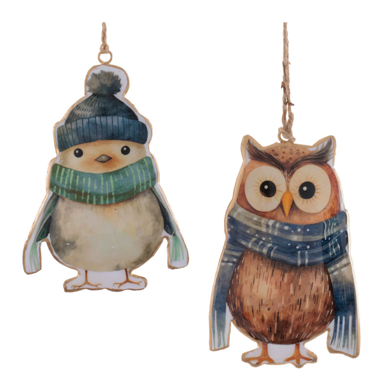 Ensemble de 6 ornements en fer et hibou d'hiver