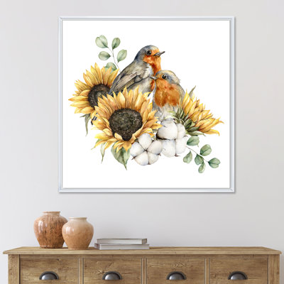 Bouquet d'automne avec coton Redbreasts Sunflowers - peinture sur toile à cadre flottant