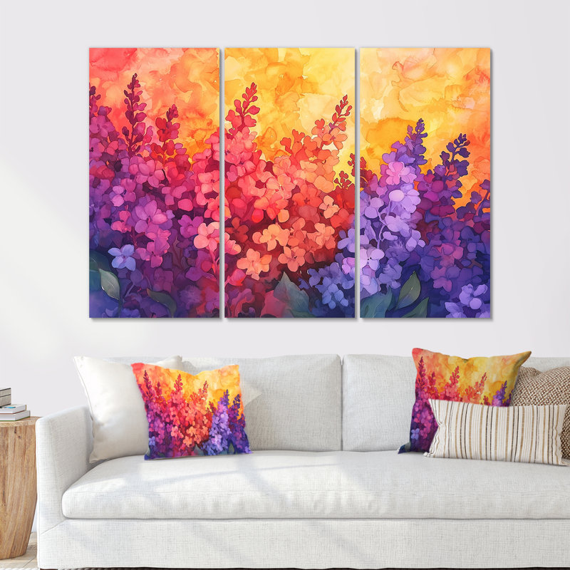 Coucher de soleil lilas mauve dans les jardins botaniques II - lilas, ensemble d'art mural, H 40 po x l 60 po, Toile tendue