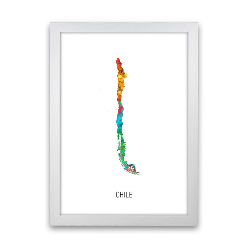 Chile Watercolour Map by Michael Tompsett - Print, 46cm H x 34cm W x 3cm D, White Framed