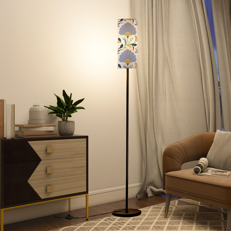 PeeNoke 68.5" Standing Floor Lamp Vintage Floral Blue Yellow Ornamental Design Dimmable Metal Pole Lamp with Linen Lampshade LED Bulb Included