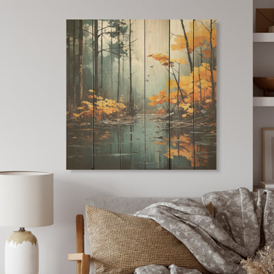Forêt d'automne «Solitude I», art mural sur bois de pin naturel