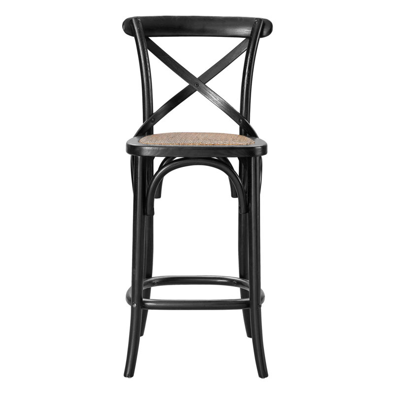 Black Elm Wood Counter Stool with Woven Rattan Seat