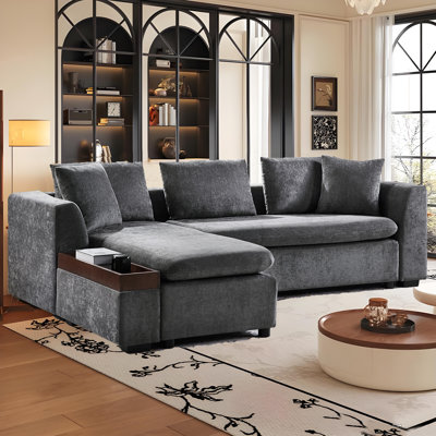 L-shaped Upholstered Sofa Couch With Wooden Storage Compartment And Throw Pillows