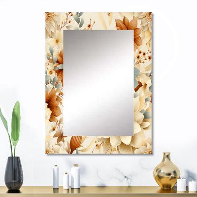 Motif floral beige doux doux brun - grand miroir floral, miroir mural décoratif floral, impression d'art en métal