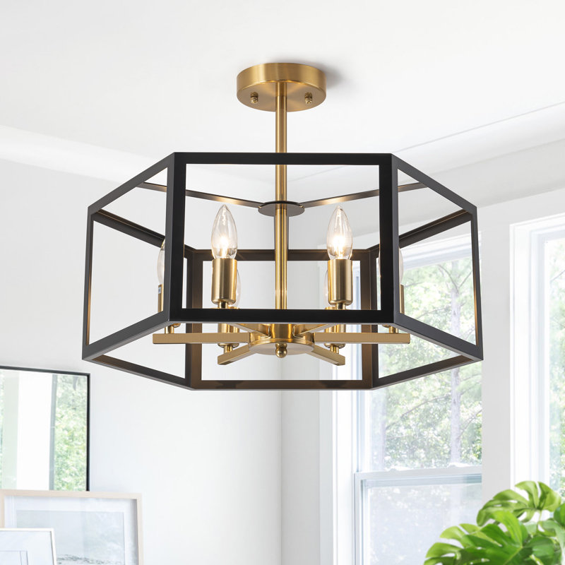 6-Light Industrial Lantern Semi Flush Mount Ceiling Light Candle Style Gold And Black Finish Geometric Cage Dining Light
