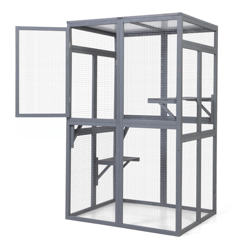 Maison d'extérieur pour chat avec plateformes sécurisées et pare-pluie relaxant gris, 62.45" H x 39.18" W x 32.52" D, Gris