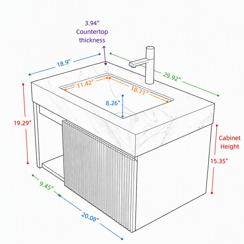 Meuble-lavabo flottant mural de 30 po avec lavabo mural noir, Black, 30", Light Gray