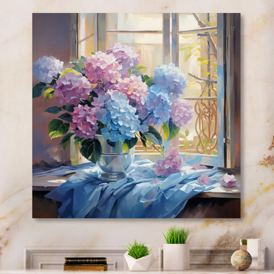 Nature morte vase hortensia bouquet pastel doux sur toile