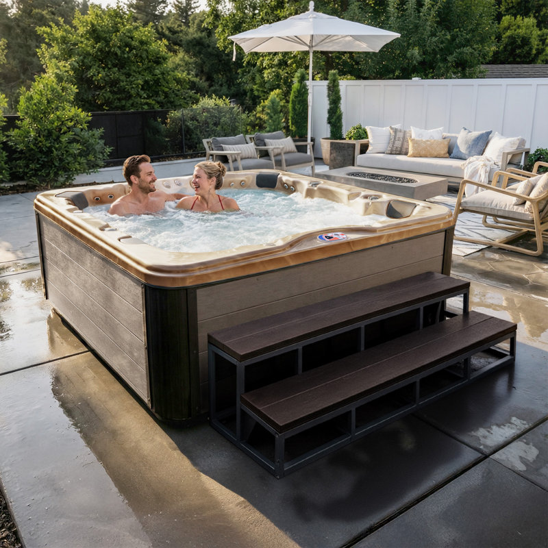 Spa standard pour 7 personnes à 100 jets avec système de son et cascade à DEL American Spas, Chêne argenté, Champagne