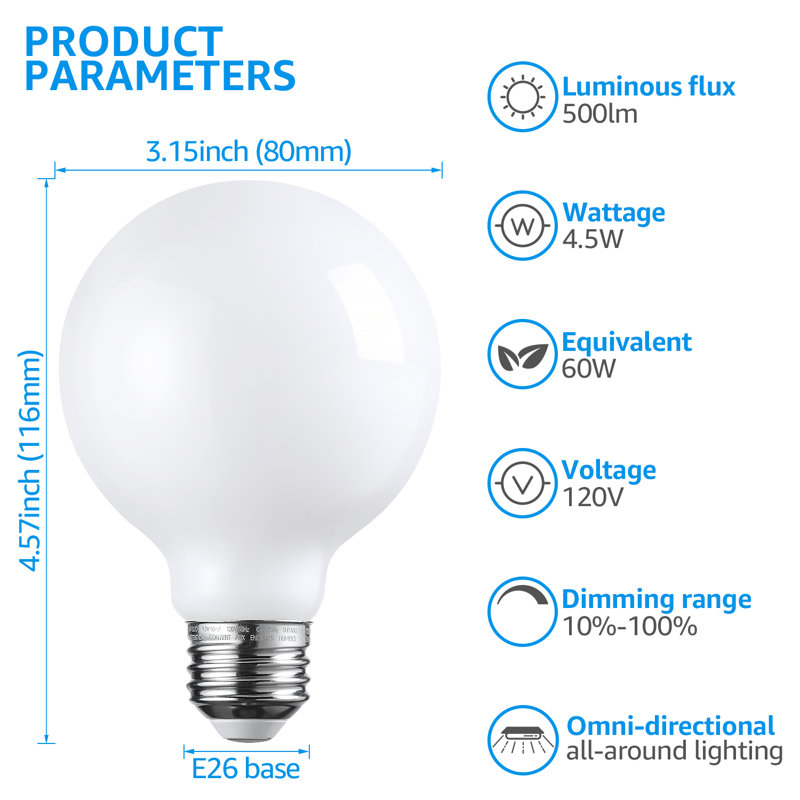 Ampoules DEL 4,5 W G25, blanc doux à intensité variable (60 W éqv.), Culot E26 / moyen (standard), 2700 K
