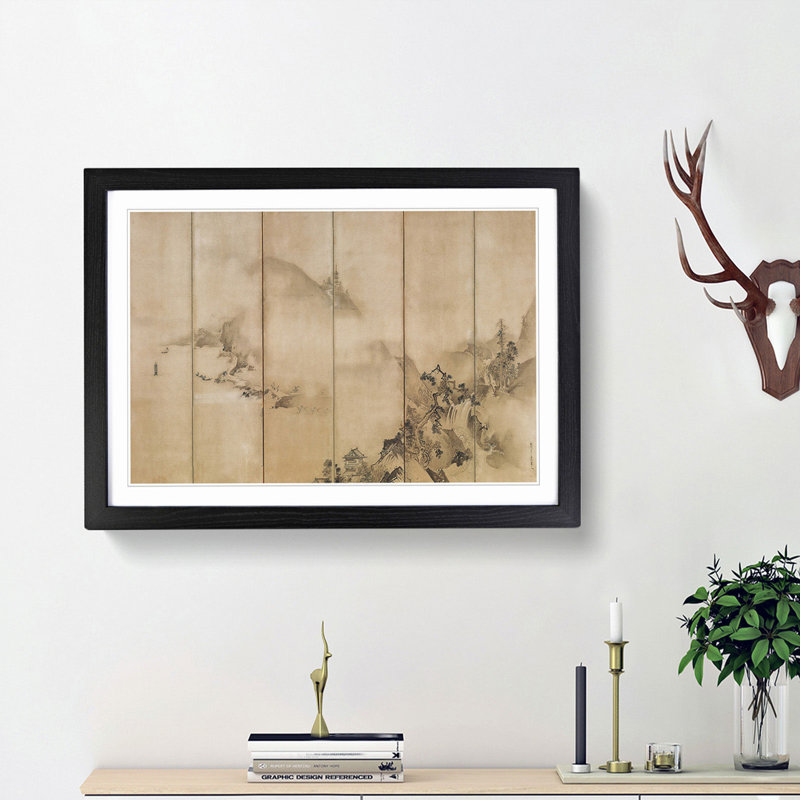 Landscape of the Four Seasons by Kano Tan'yu - Picture Frame Painting Print, Black Framed, 36cm H x 48cm W x 2cm D