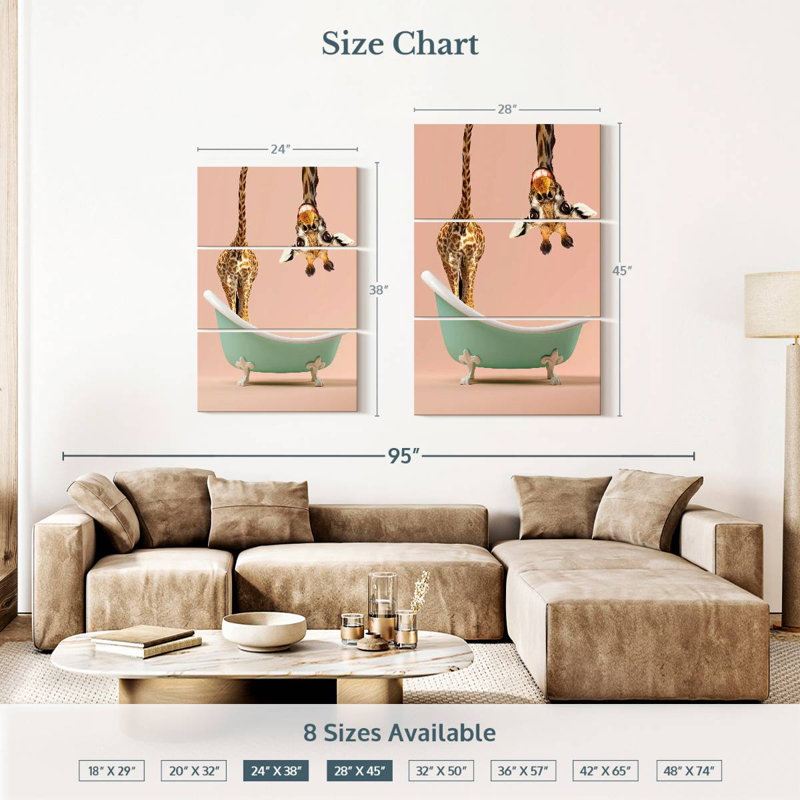 «Bathaign Animal Silly Giraffe», ensemble de 3 toiles tendues, H 38 po x l 24 po x P 1,25 po
