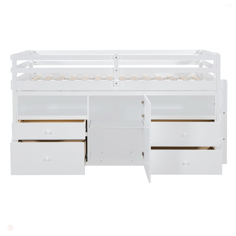 Twin Size Loft Bed With 4 Drawers, Underneath Cabinet And Shelves, White