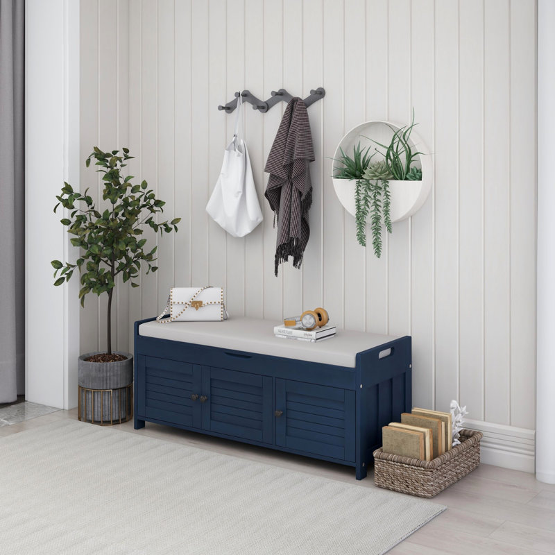 Banc de rangement avec 3 portes en forme de volet, banc à chaussures avec coussin amovible et espace de rangement caché