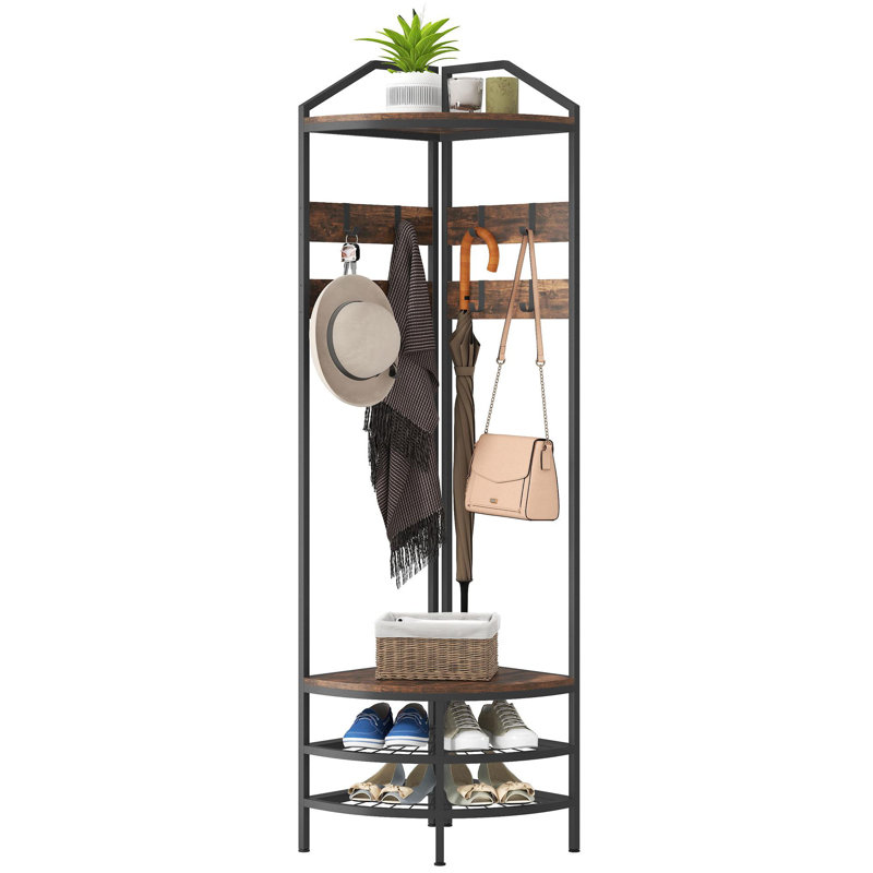 Coat Rack Corner Hall Tree, Industrial 4-Tier Coat Rack With Shoe Storage, 8 Movable Hooks And 2 Shelves