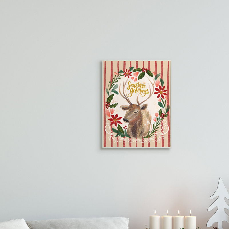 Portrait de rennes doux avec couronne de fêtes Seasons Greetings, Bois, H 15 po x l 10 po