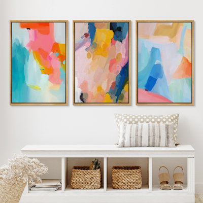 «Vibrant Multicolor Paint Stroke Shapes Abstract Abstract Decor», reproduction encadrée sur toile, 3 pièces