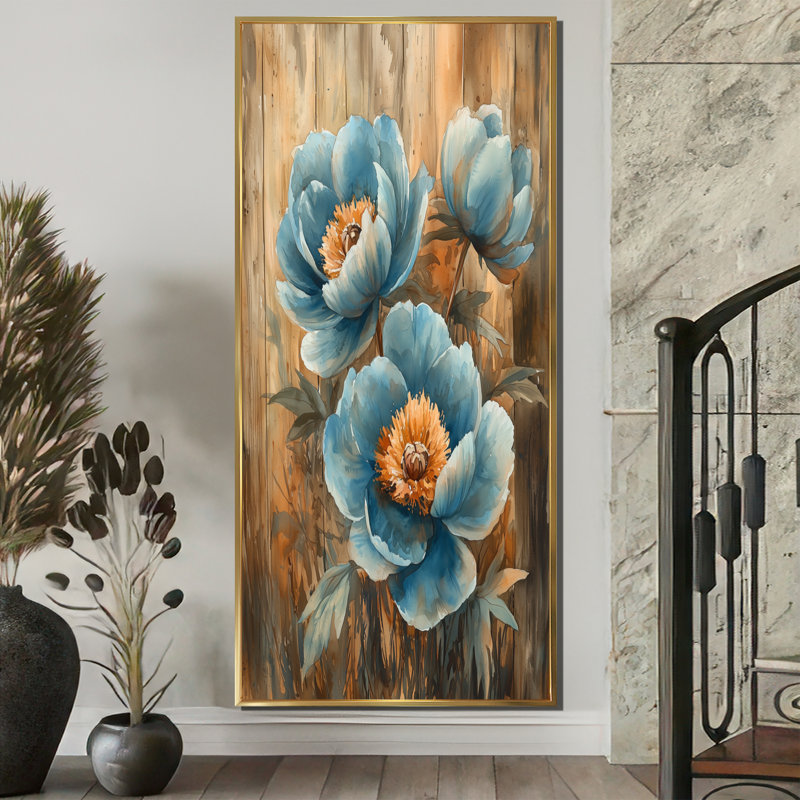 Pivoines bleues dans la basse-cour II - pivoines, art mural, H 60 po x l 28 po, Impression encadrée sans passe-partout, Doré